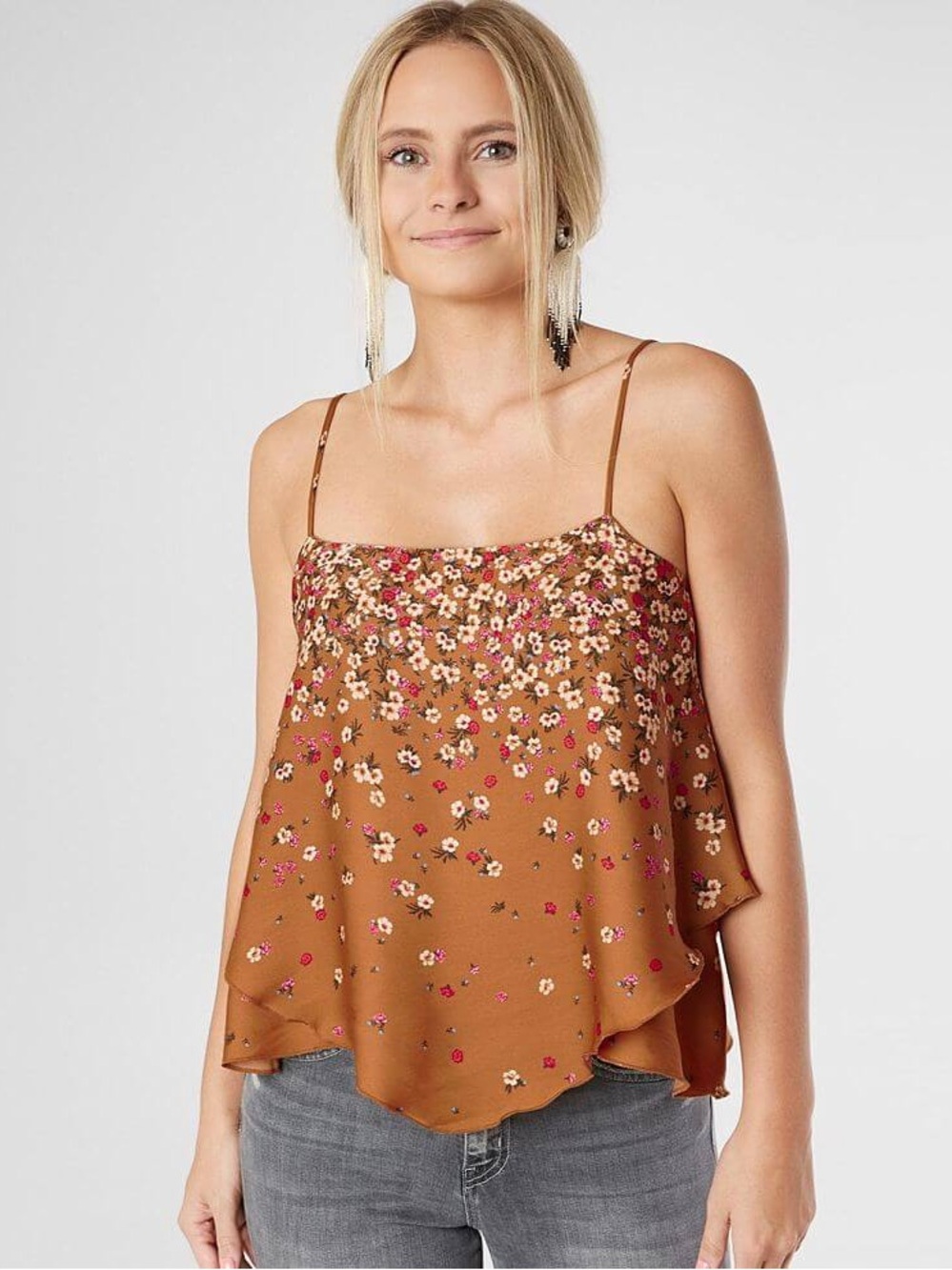 Free People Floral Spaghetti-Strap Cami Top in Brown
